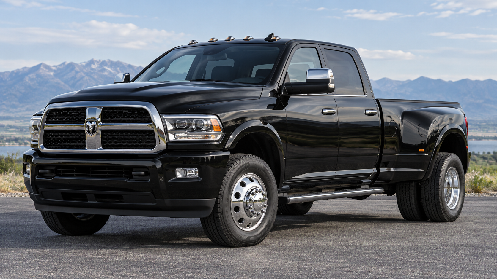 Black Dodge Ram dually pickup with wide rear fenders and dual rear wheels