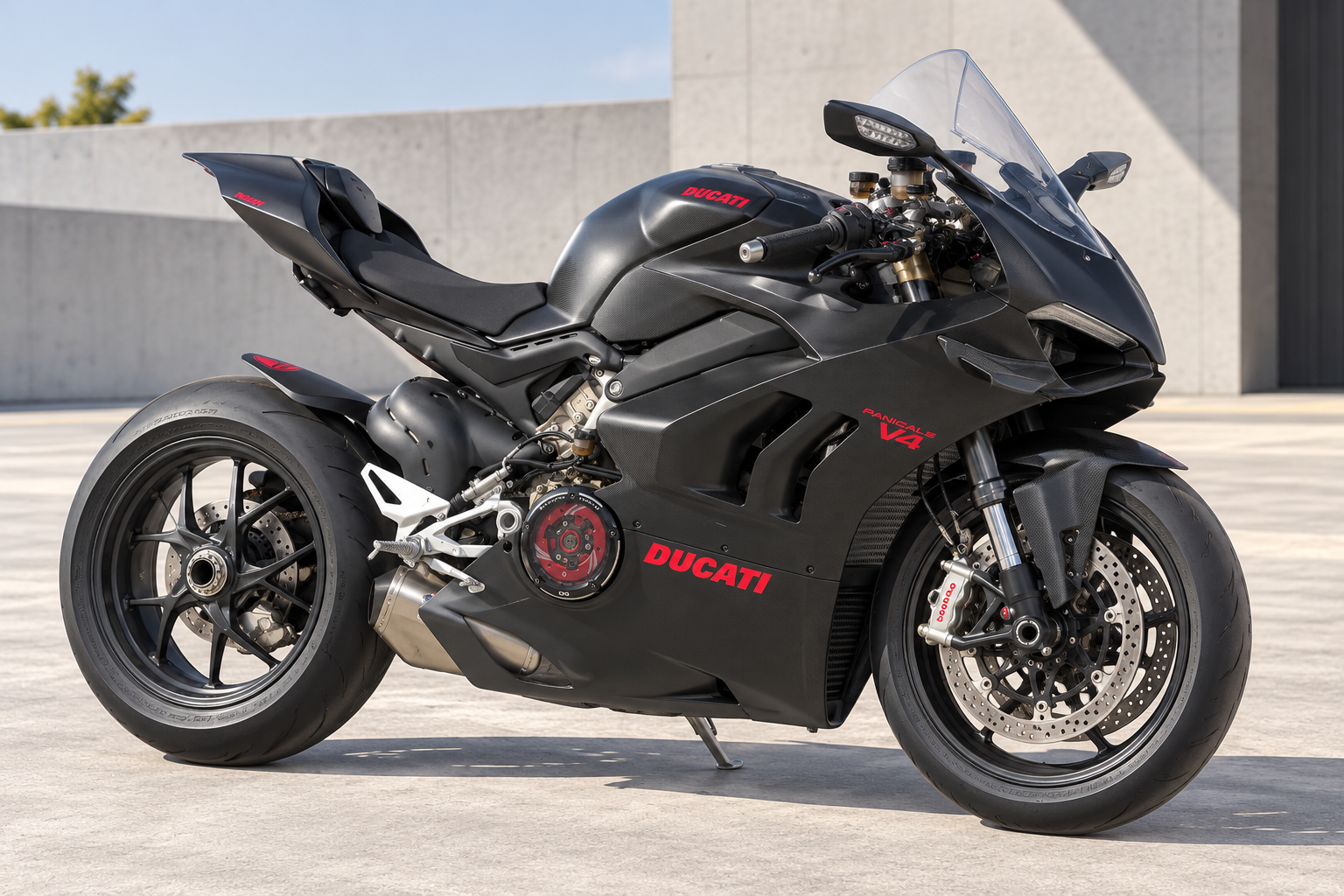 Black Ducati Panigale V4 motorcycle with red lettering