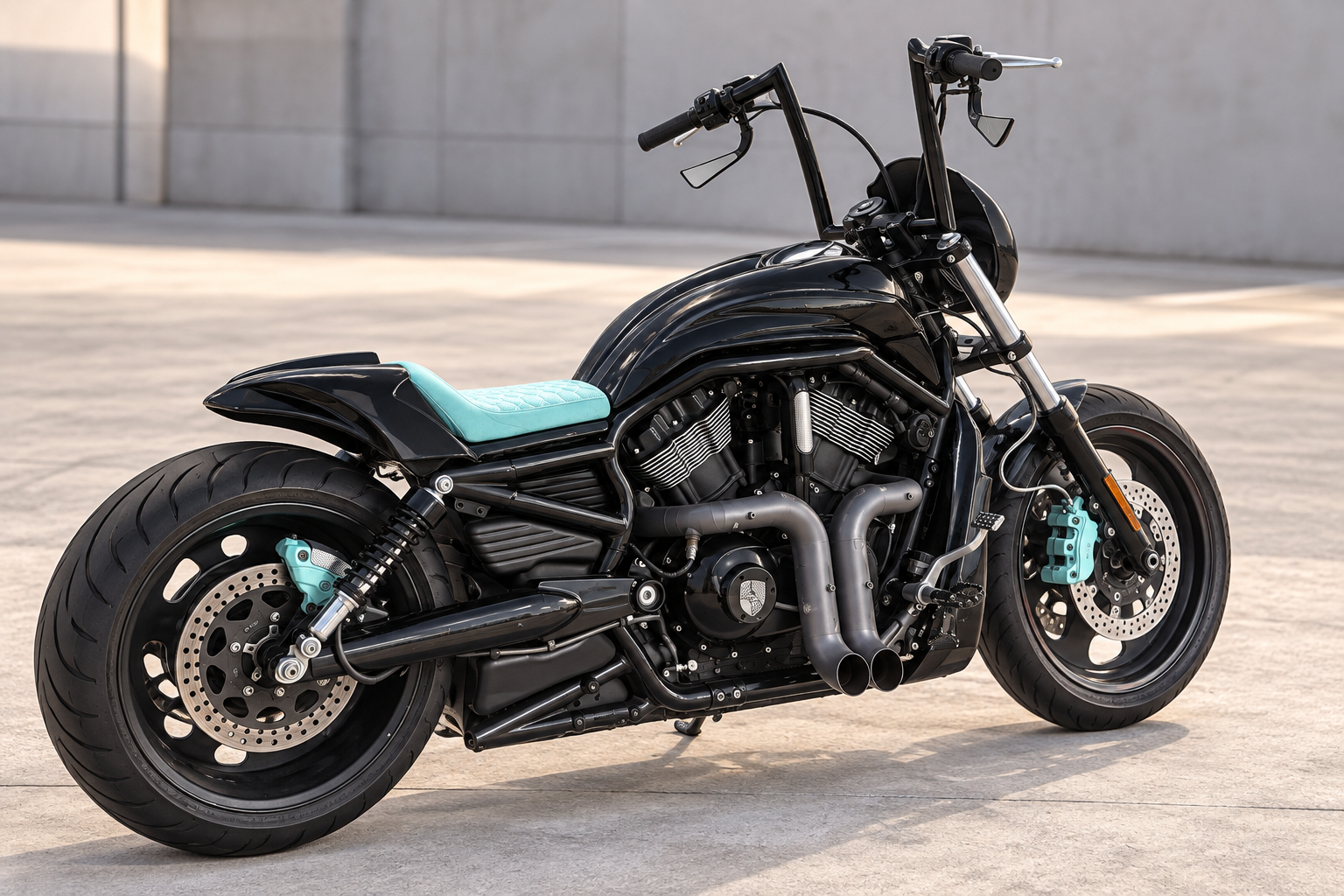 Black custom Harley-Davidson motorcycle with turquoise seat and tall handlebars