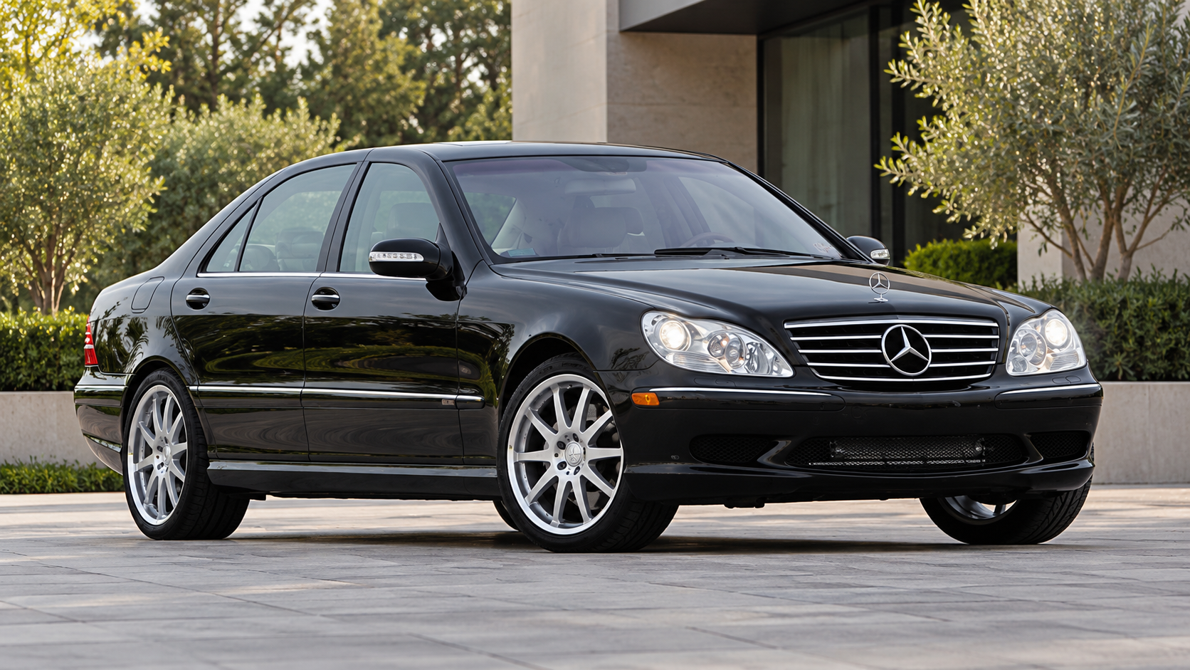 Black early-2000s Mercedes-Benz S-Class sedan with silver multi-spoke wheels